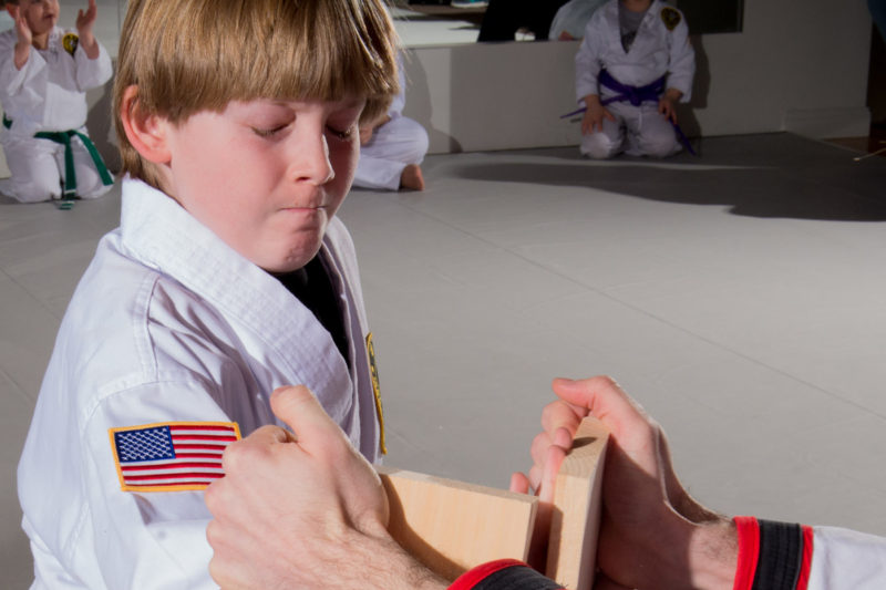 boy breaking board in advanced children's karate, TaeKwonDo martial arts class